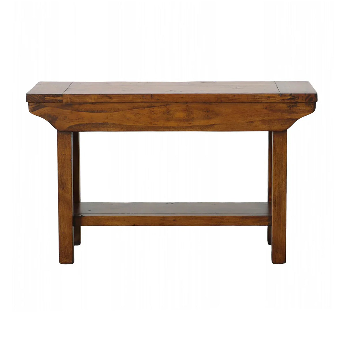 Direct front perspective showcasing the thick wood top and sturdy pedestal-style legs of the African Dusk bench