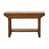 Direct front perspective showcasing the thick wood top and sturdy pedestal-style legs of the African Dusk bench