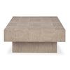 Front view of the Jorlaina rectangular cocktail table featuring a grey wood finish and a decorative parquet patterned top