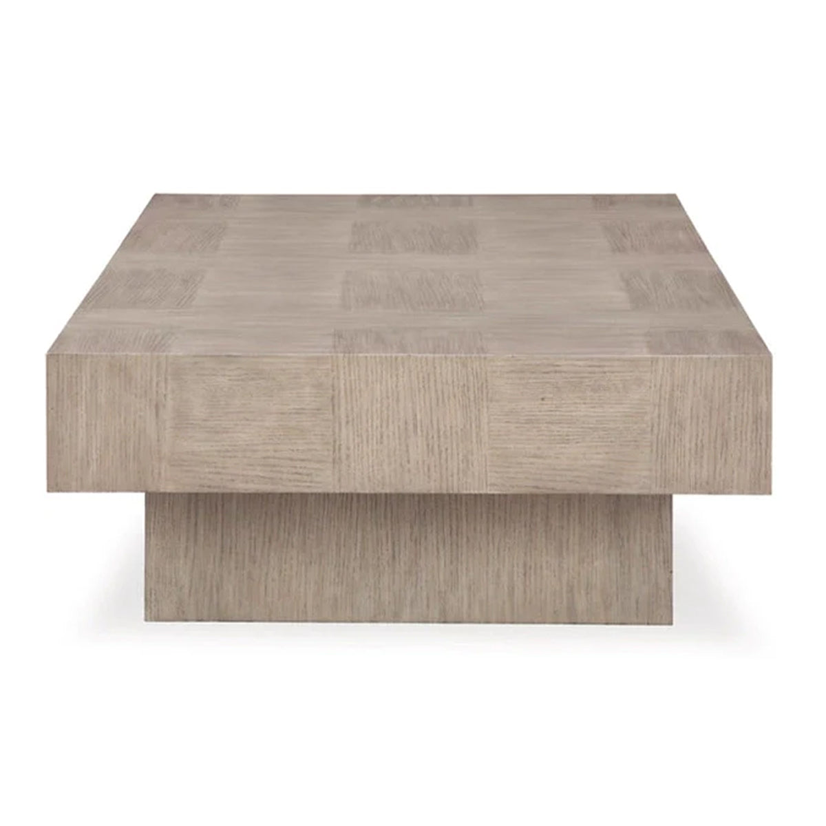Front view of the Jorlaina rectangular cocktail table featuring a grey wood finish and a decorative parquet patterned top