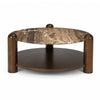 Front view of the Jovia round coffee table featuring a cappuccino marble top and a dark brown mango wood lower shelf