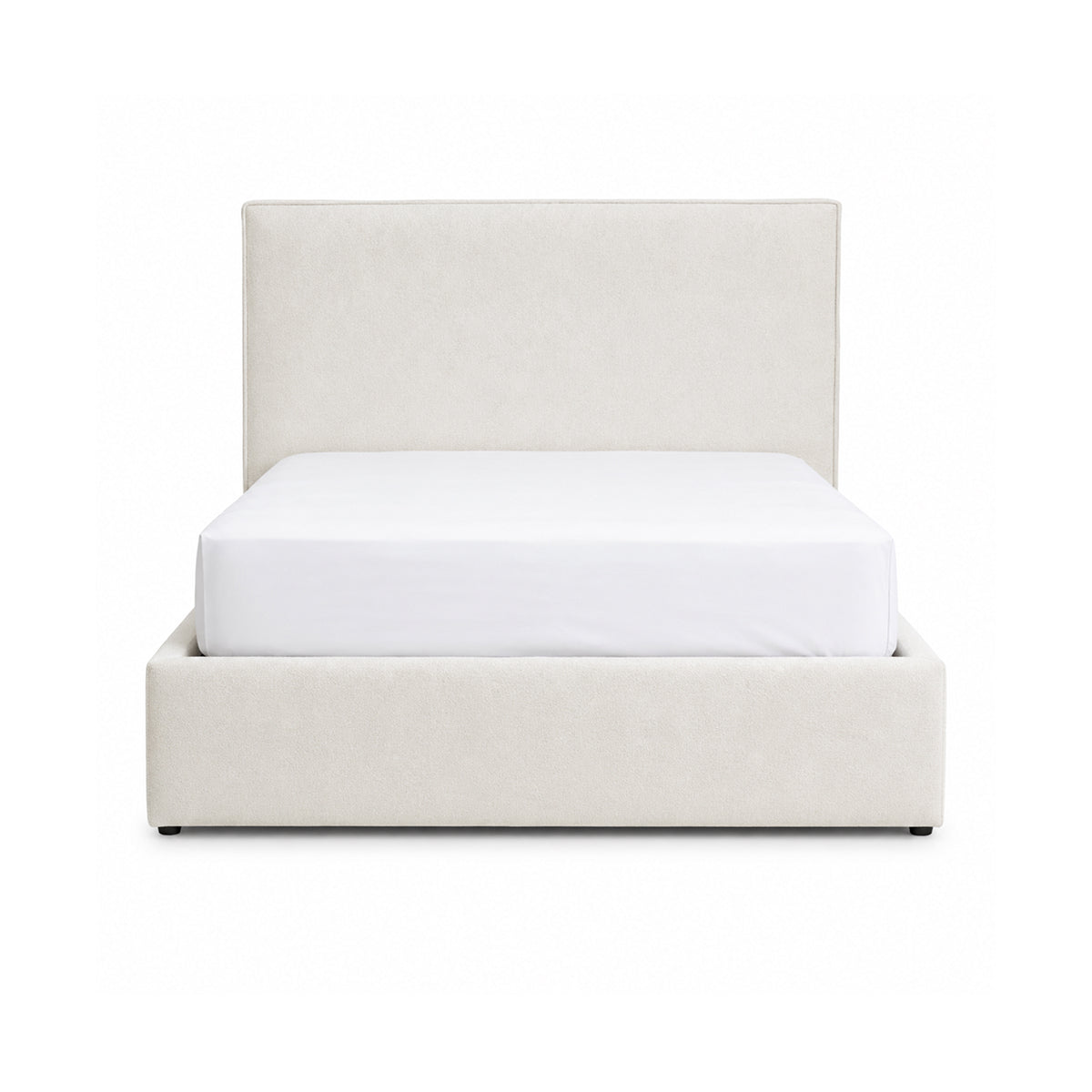 Front view highlighting the soft textured upholstery and the clean architectural lines of the bed frame