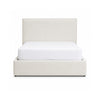 Front view highlighting the soft textured upholstery and the clean architectural lines of the bed frame