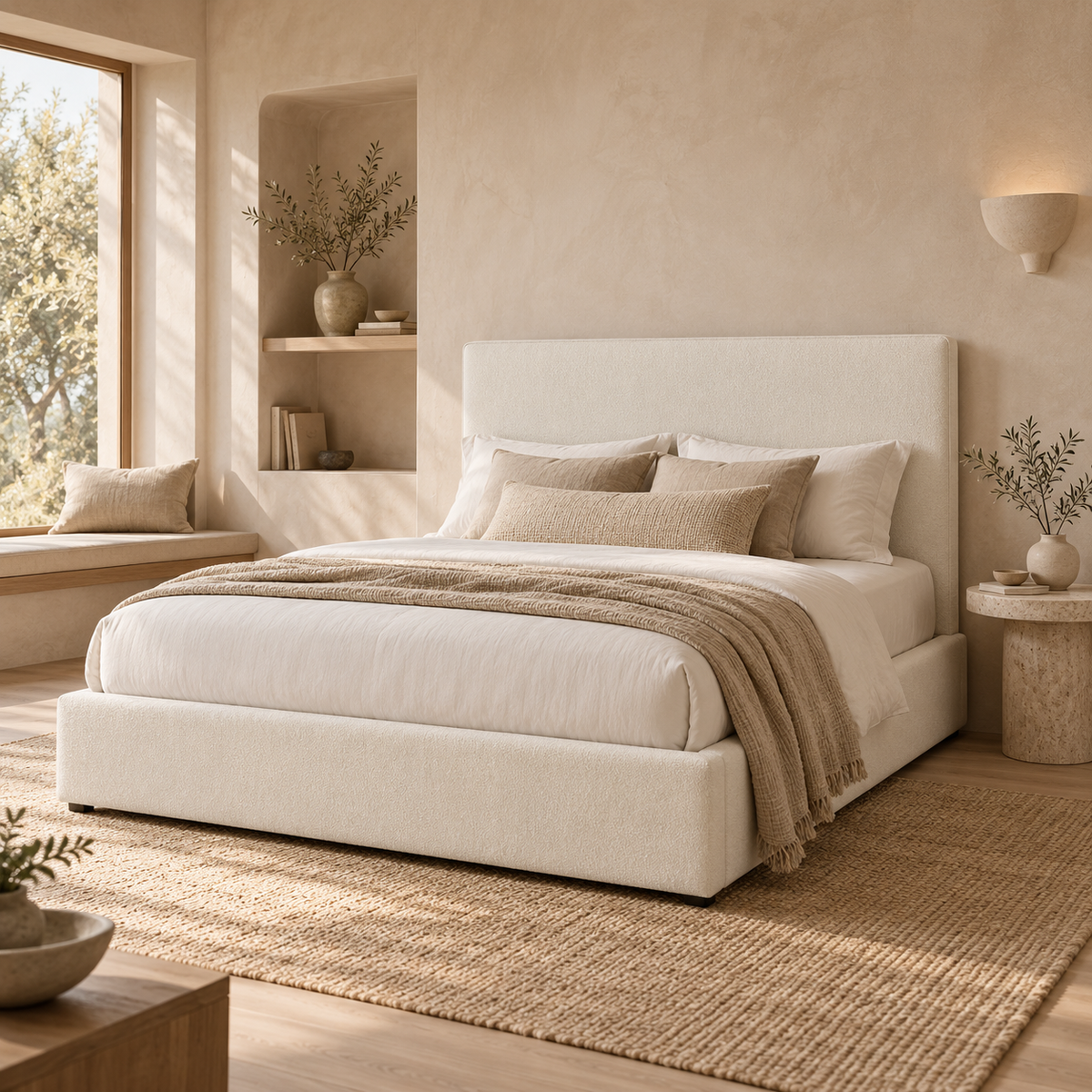 Front view highlighting the soft textured upholstery and the clean architectural lines of the bed frame
