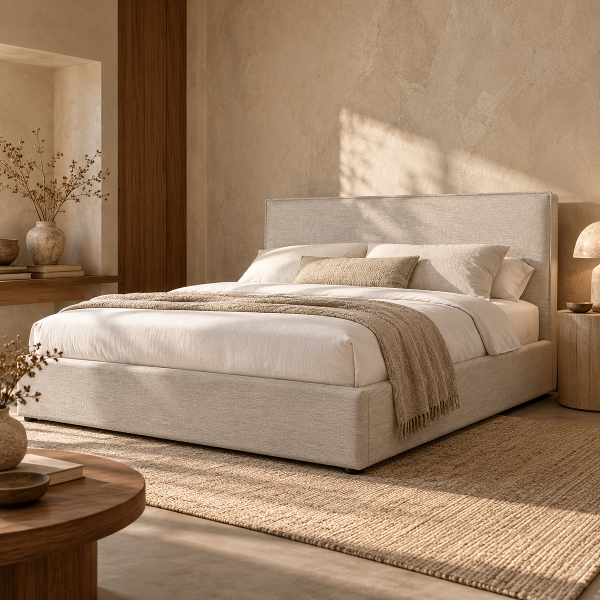 Front view of the Julia platform bed in a neutral sand fabric featuring a clean rectangular headboard and low-profile frame