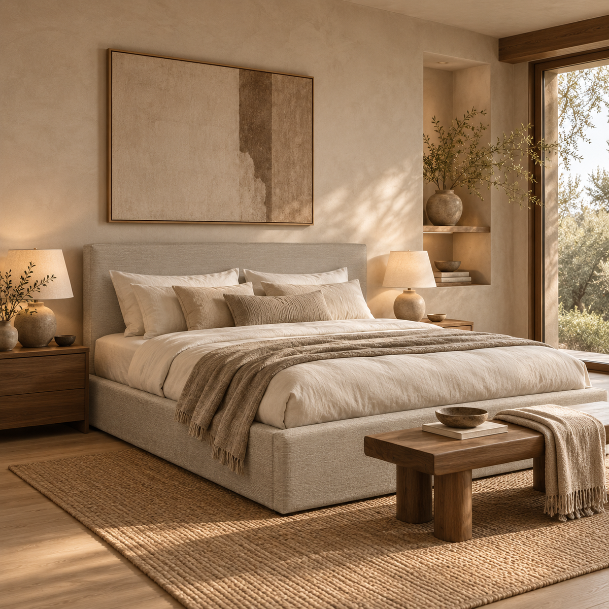 Front view of the Julia platform bed in a neutral sand fabric featuring a clean rectangular headboard and low-profile frame