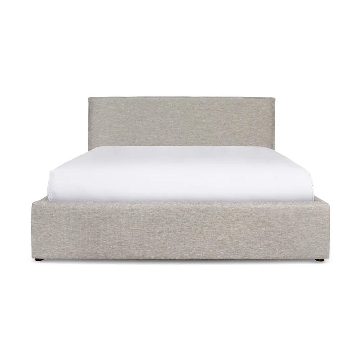 Front view of the Julia platform bed in a neutral sand fabric featuring a clean rectangular headboard and low-profile frame