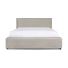 Front view of the Julia platform bed in a neutral sand fabric featuring a clean rectangular headboard and low-profile frame
