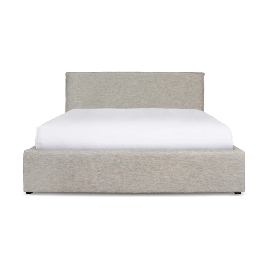 Front view of the Julia platform bed in a neutral sand fabric featuring a clean rectangular headboard and low-profile frame