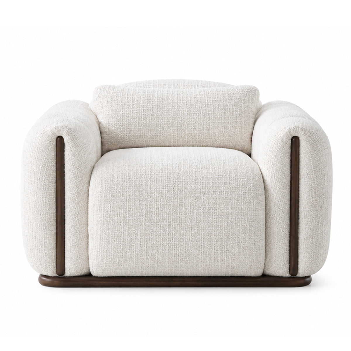 a softly rounded arm chair and textured upholstery with a wooden base
