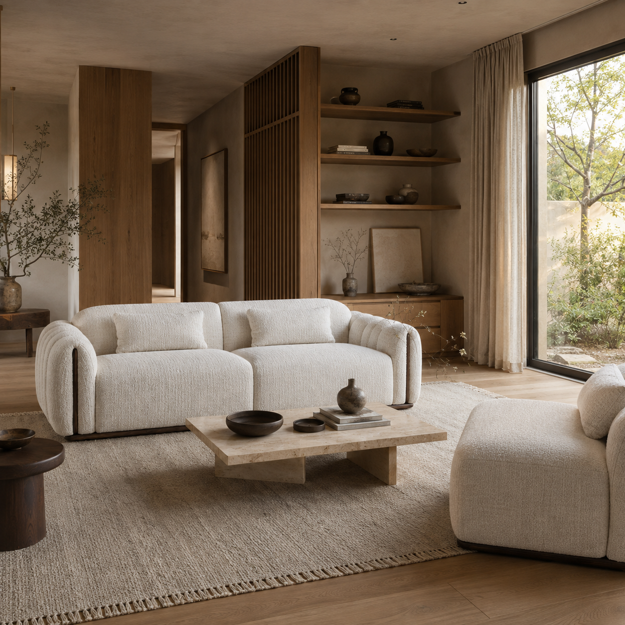A modern two-seater sofa upholstered in a textured off-white bouclé fabric, featuring two matching throw pillows and dark brown wooden arm accents and base trim, shown against a solid white background.