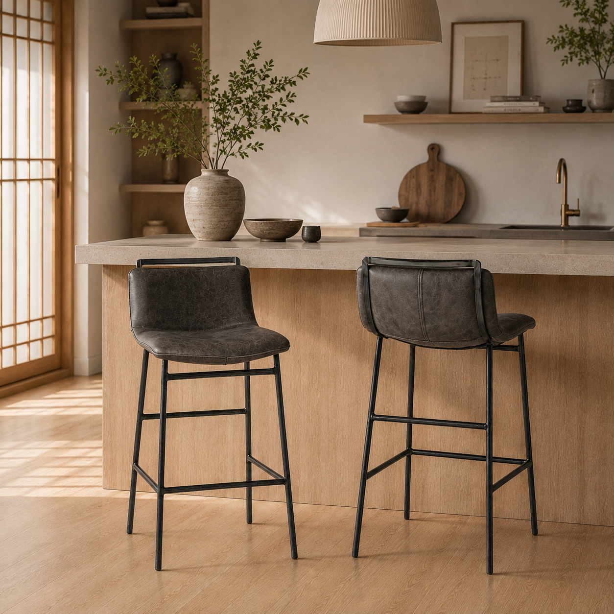 Kavalan 33.5" Total Height Ebony Leather Seat Black Metal Frame Counter Stool