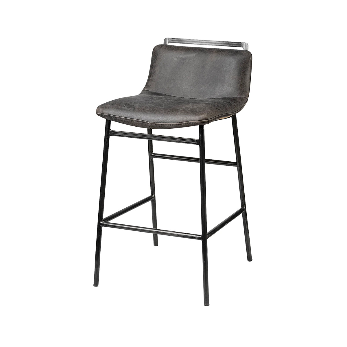 A modern bar stool with a distressed dark gray faux-leather seat and backrest, supported by a black metal frame with a silver chrome backrest bar, shown on a plain white background.