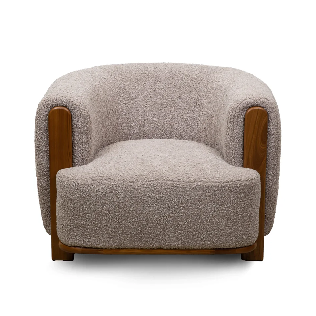 Front view of the Keji Armchair in pebble grey bouclé featuring a rounded silhouette and integrated natural wood frame