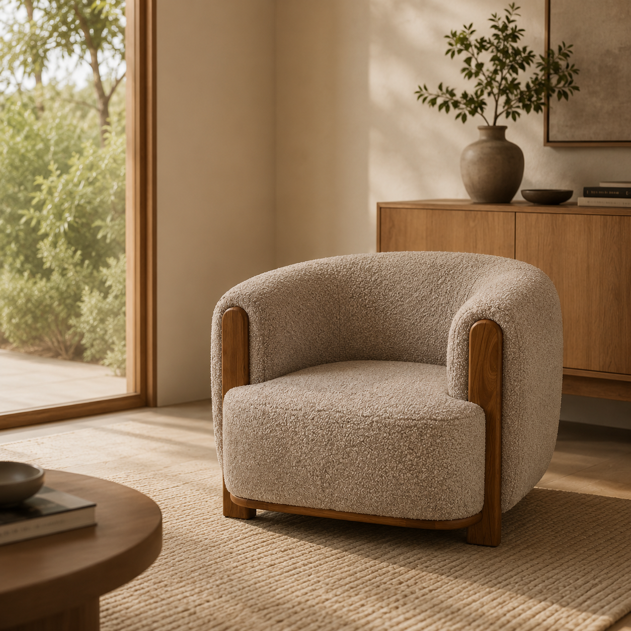 Front view of the Keji Armchair in pebble grey bouclé featuring a rounded silhouette and integrated natural wood frame