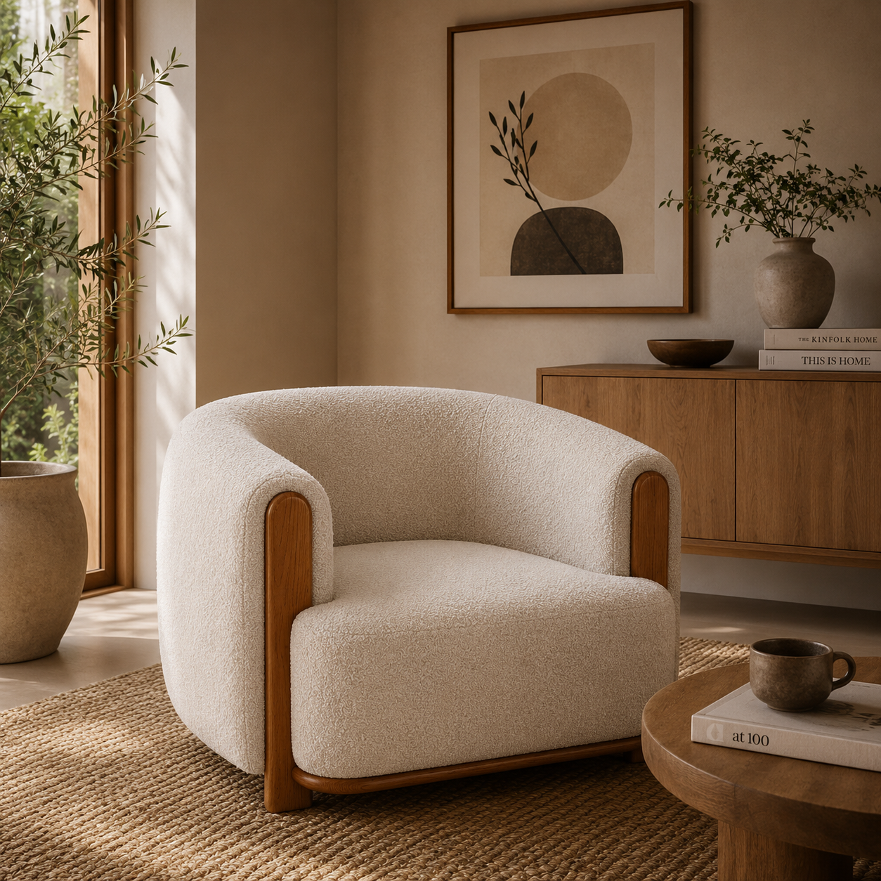 Front view of the Keji Armchair in pebble grey bouclé featuring a rounded silhouette and integrated natural wood frame