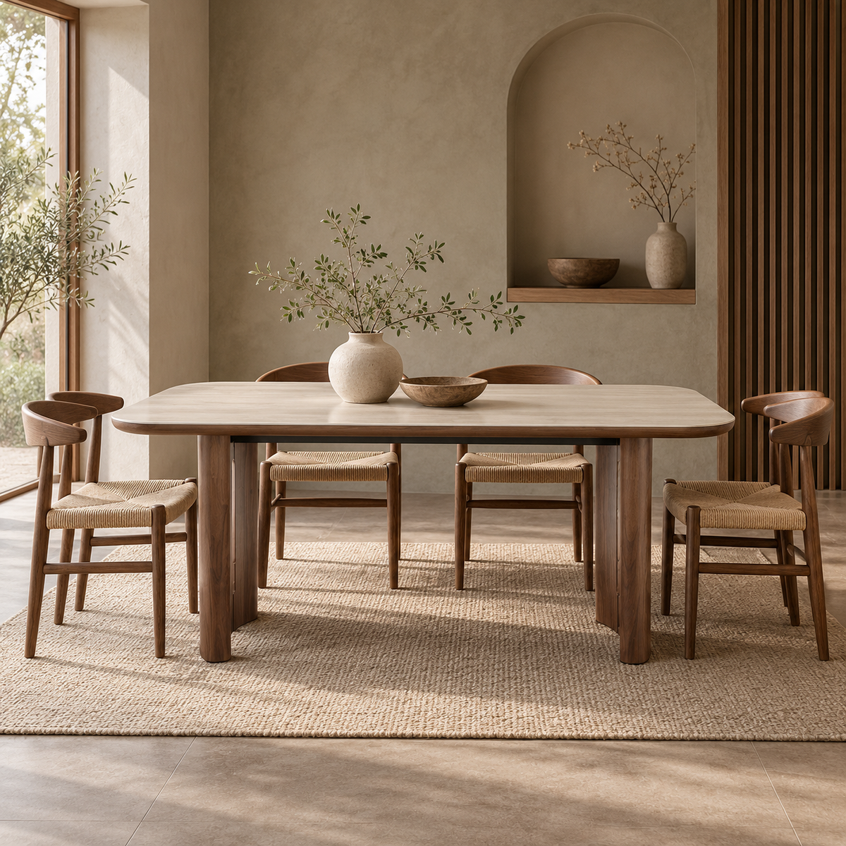 Kendo Dining Table with Travertine Ceramic Top