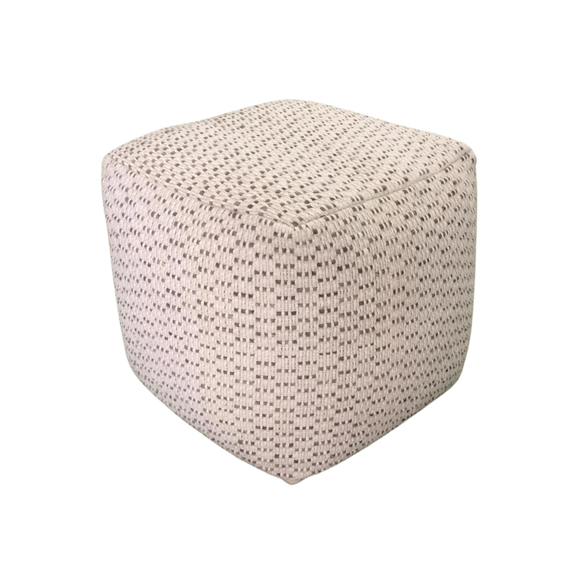 Front view of the Kimono cubic pouf featuring a dense ivory and grey geometric weave and a soft structured square silhouette