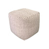 Front view of the Kimono cubic pouf featuring a dense ivory and grey geometric weave and a soft structured square silhouette