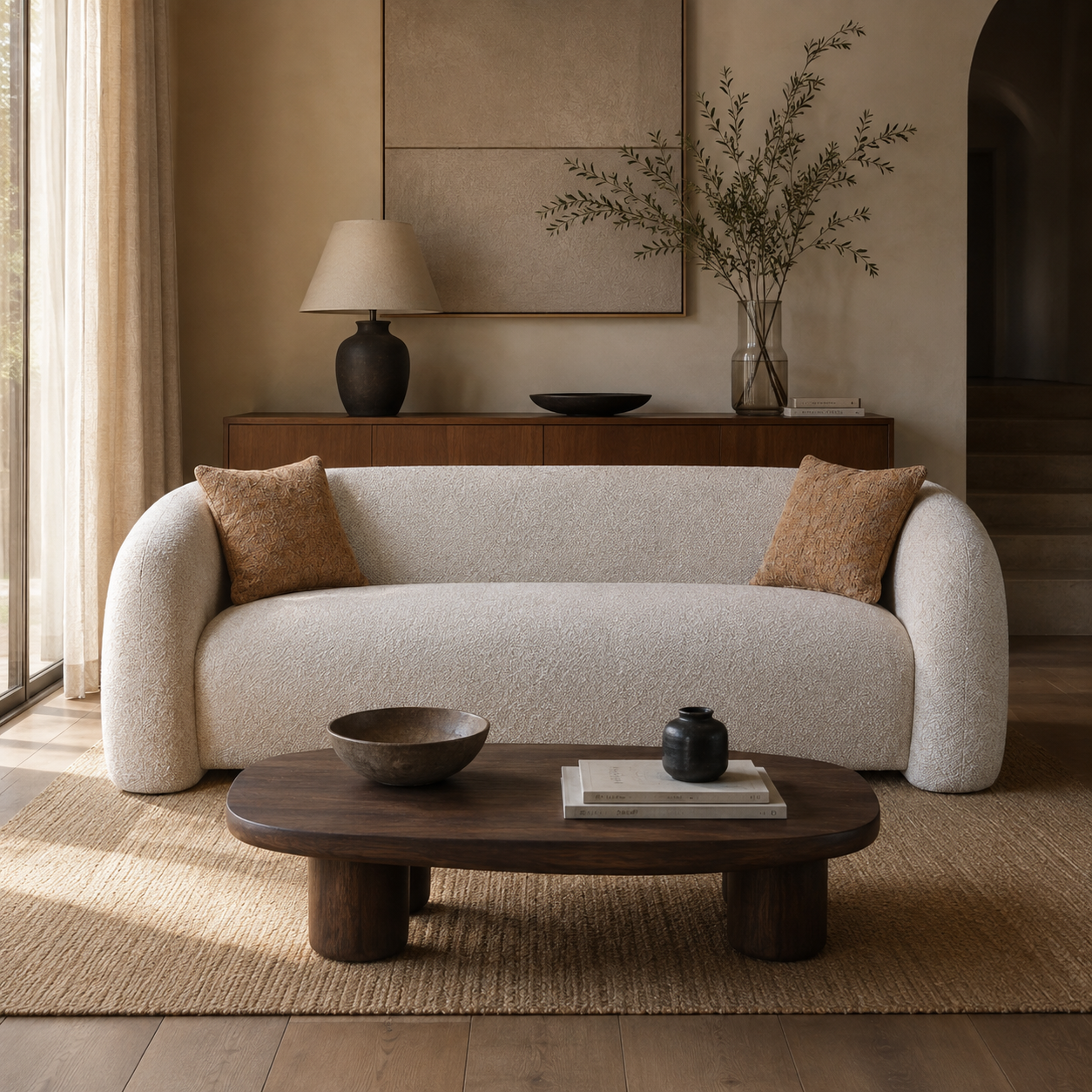 A curved upholstered sofa in a light beige textured fabric, featuring two round rolled arms and two tan throw pillows, shown against a plain white background.