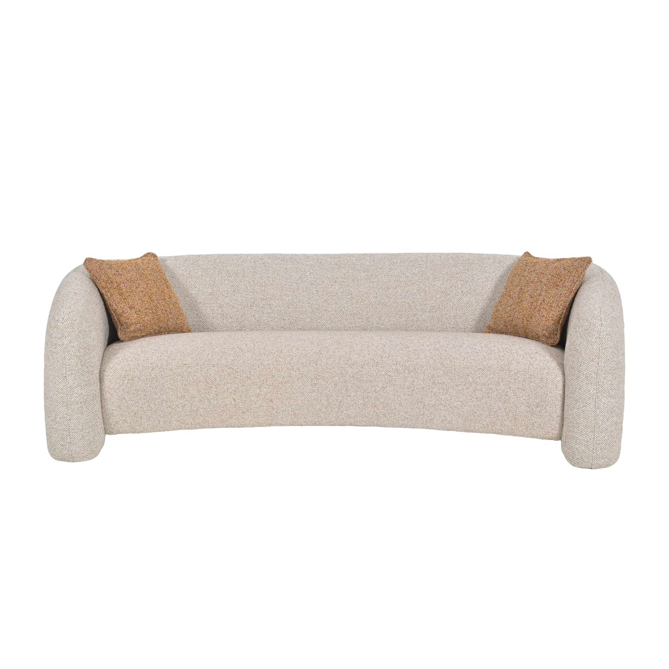 A curved upholstered sofa in a light beige textured fabric, featuring two round rolled arms and two tan throw pillows, shown against a plain white background.