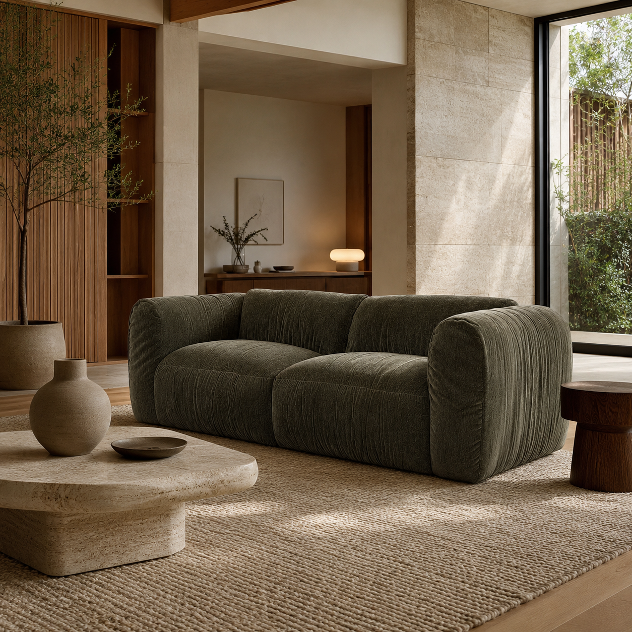Front view of the Larvik modular 2-seater sofa in moss green corduroy