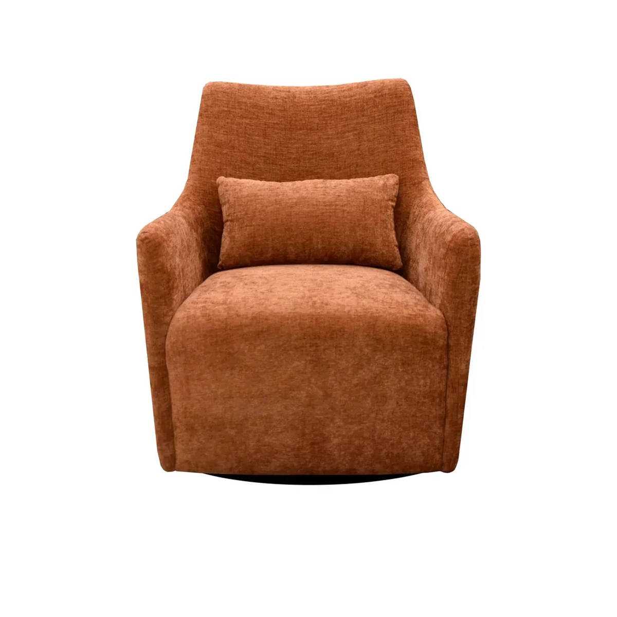 Front view of the Lilith Swivel Chair in terracotta woven fabric featuring a matching lumbar pillow