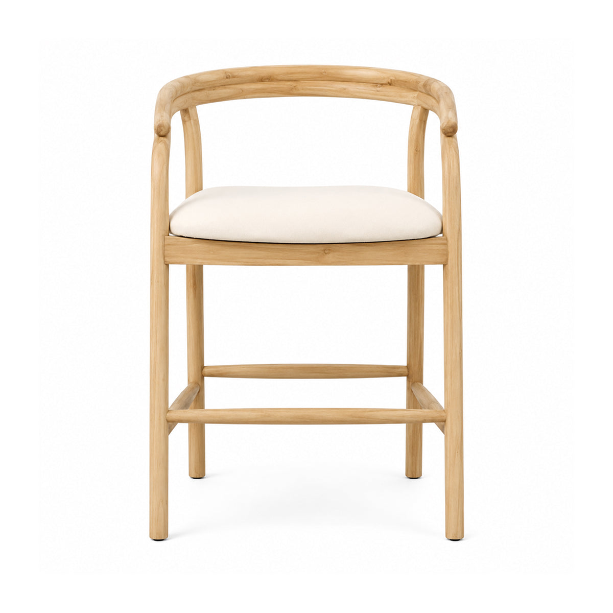 A light natural wood barstool with a curved backrest, armrests, and a cream-colored upholstered seat cushion, shown against a plain white background.