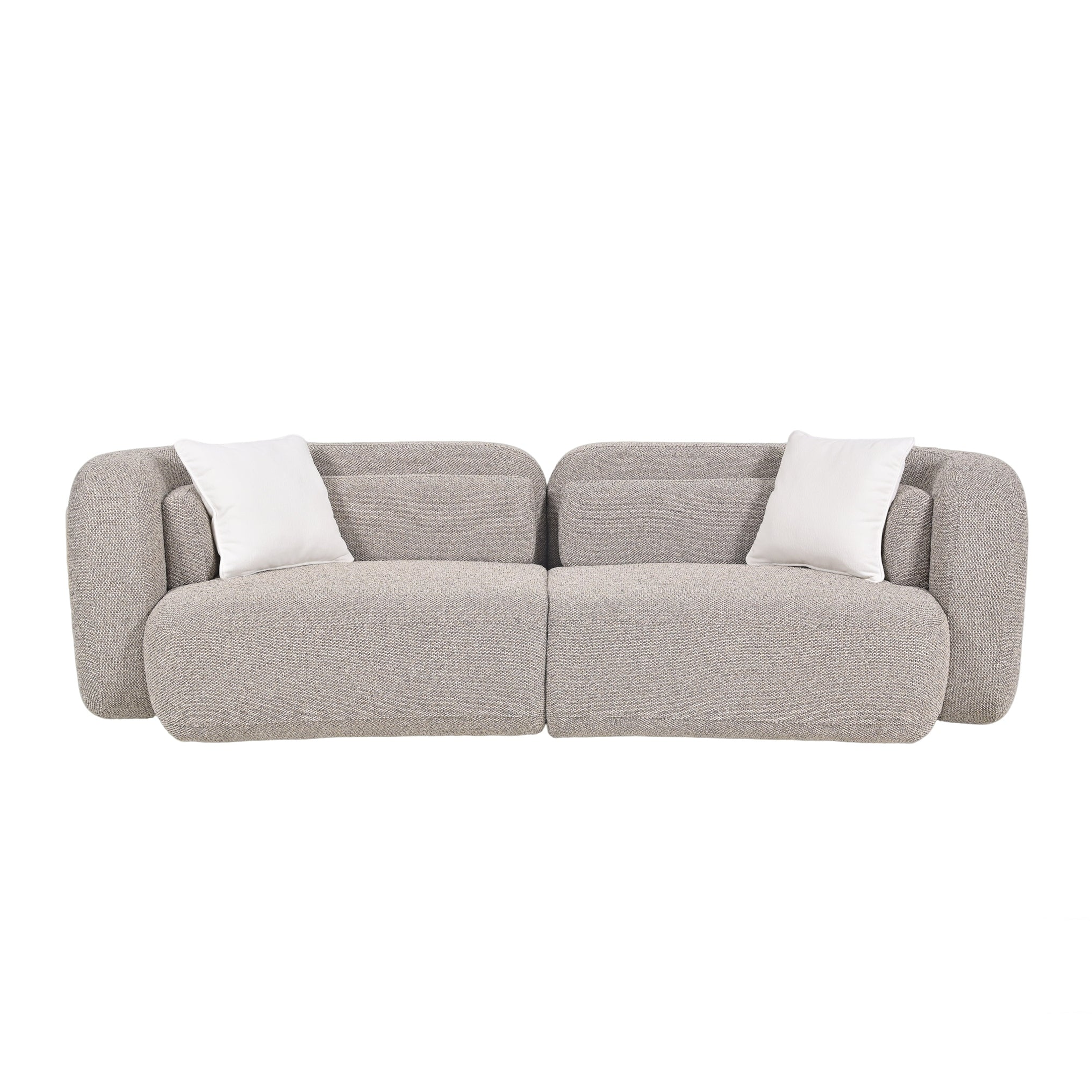 A modern two-seater sofa upholstered in a textured light gray fabric, featuring two white throw pillows, shown against a plain white background.