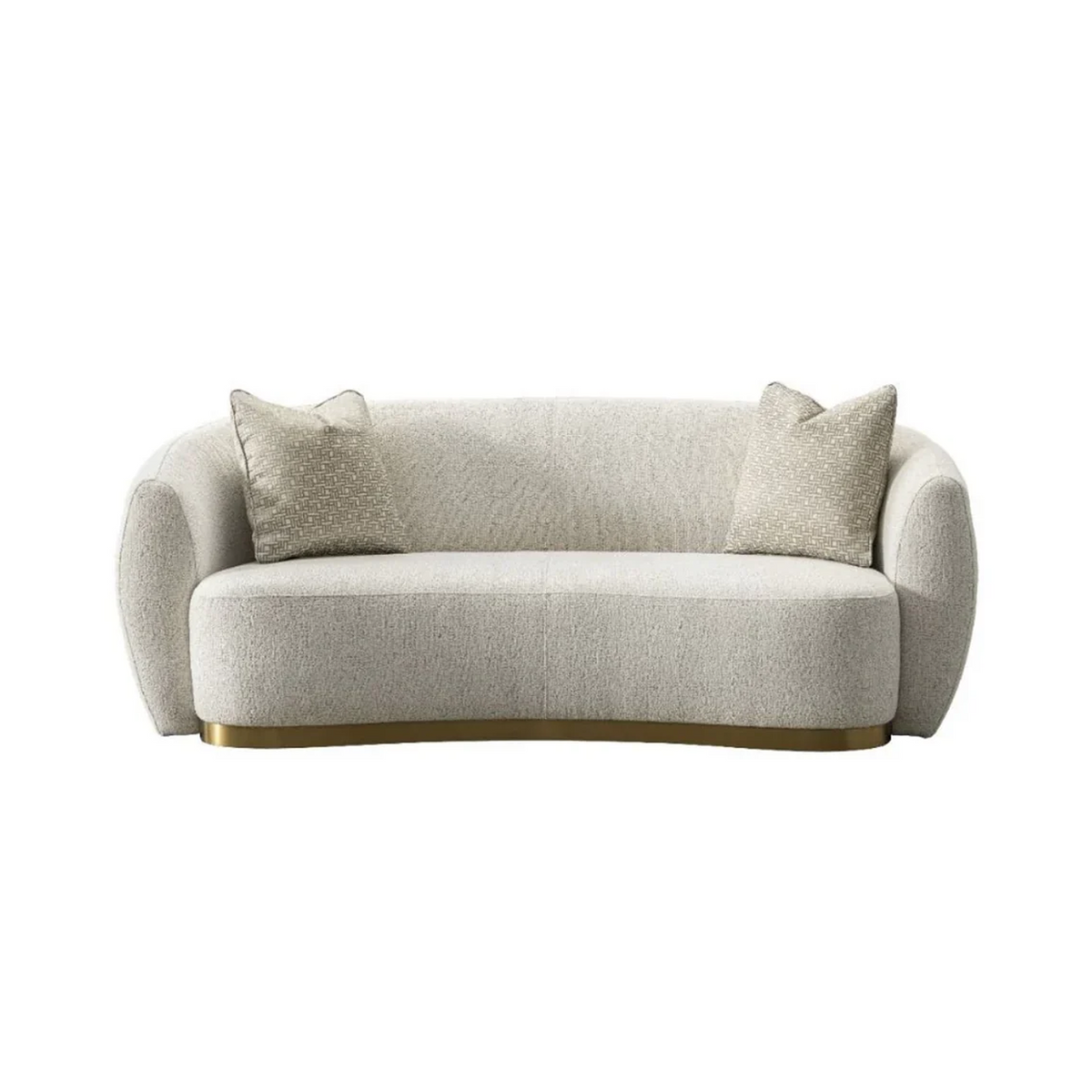 A modern curved three-seater sofa upholstered in light beige textured fabric, featuring two matching patterned throw pillows and a polished gold metal base trim, shown against a solid white background.