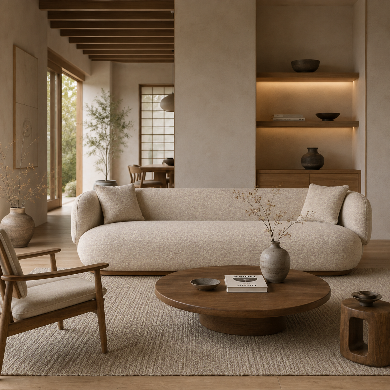 A modern curved sofa upholstered in a light beige textured fabric, featuring two matching square throw pillows and a low dark wood base, shown against a plain white background.