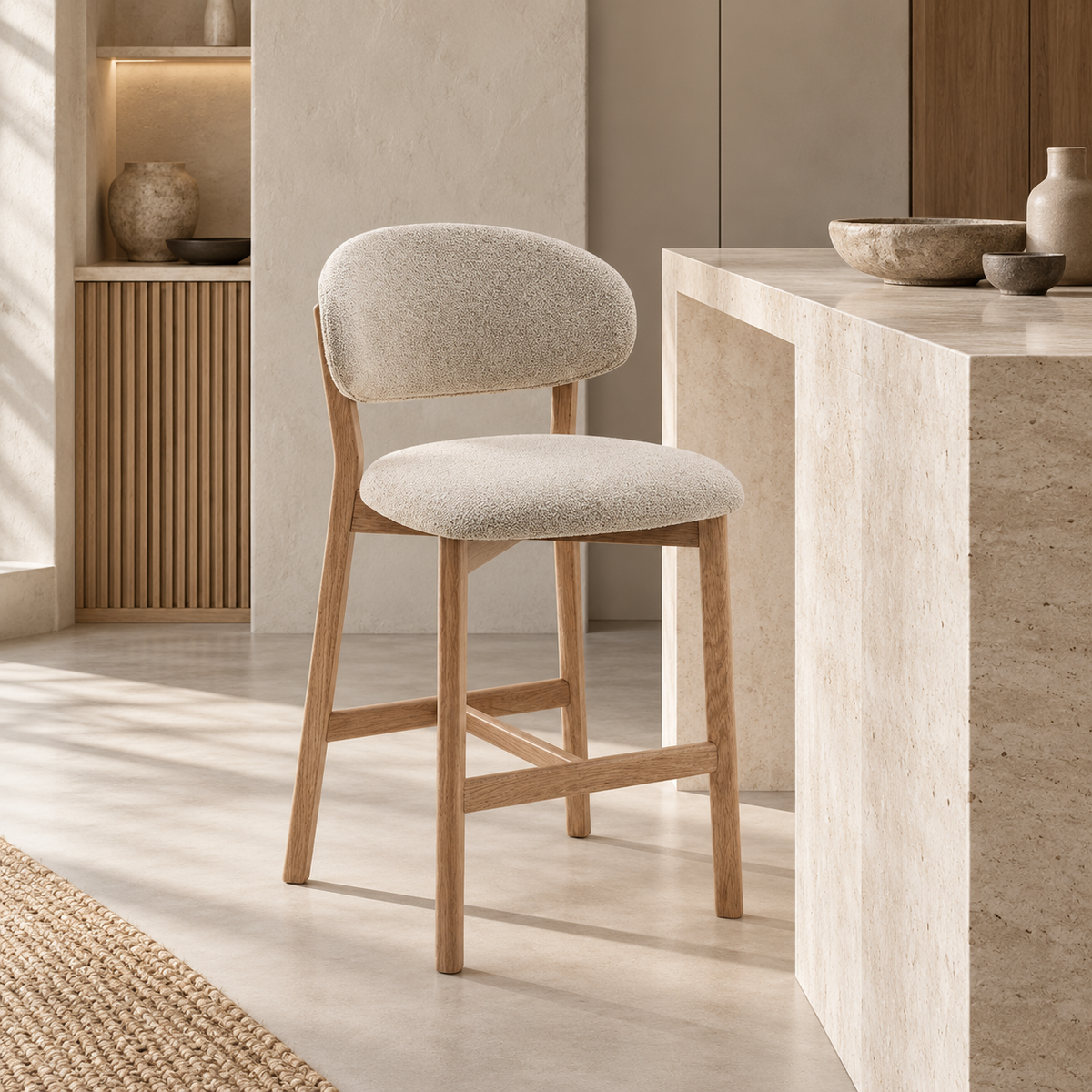 Luna counter stool with beige textured upholstery and natural oak wood frame