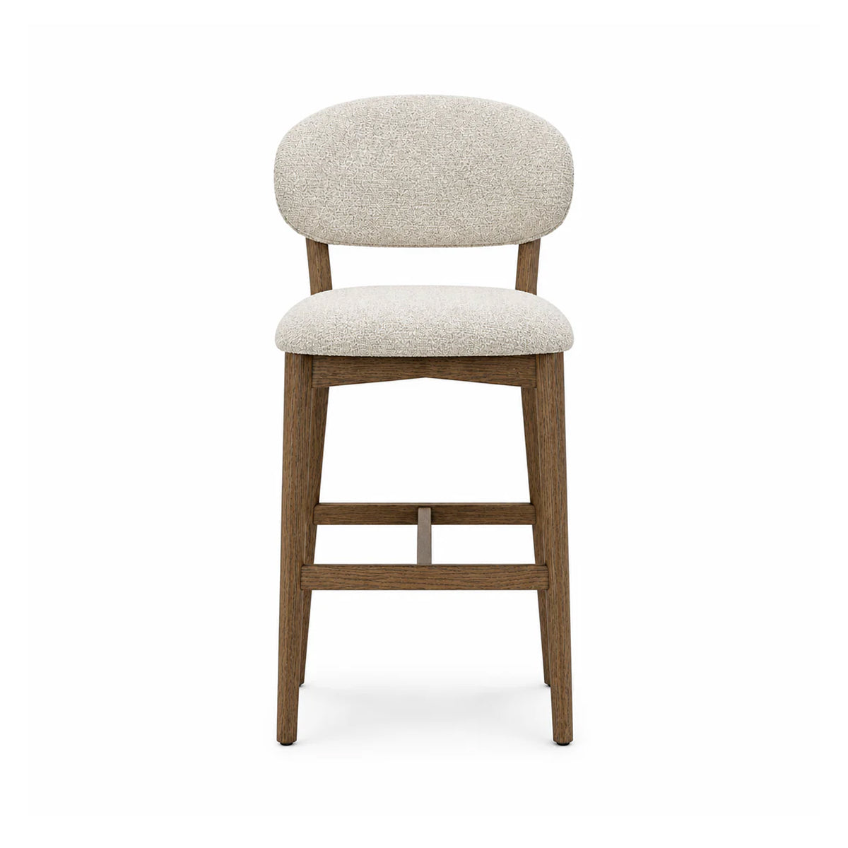 A modern barstool with a rounded, upholstered backrest and seat cushion in a textured light beige fabric, supported by a medium brown wooden frame with a footrest.