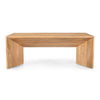 Front view of the Lux coffee table featuring a rectangular solid teak wood construction with clean lines and a natural light brown finish