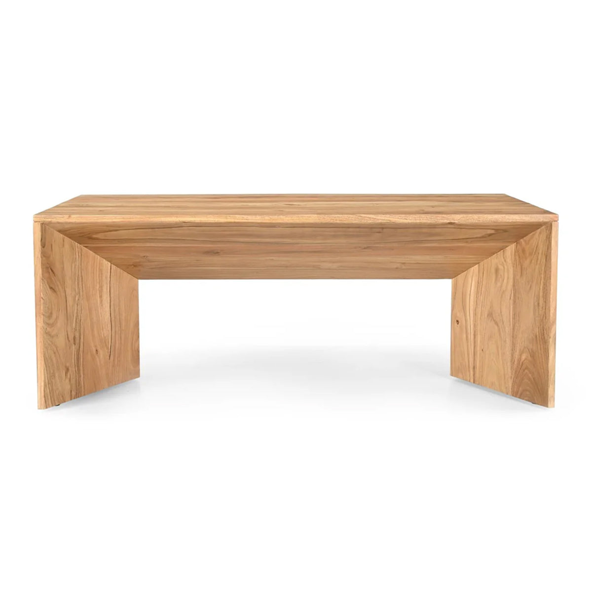 Front view of the Lux coffee table featuring a rectangular solid teak wood construction with clean lines and a natural light brown finish
