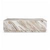 Front view of the Matteo rectangular coffee table showcasing natural pink and grey marble veining in a solid plinth design