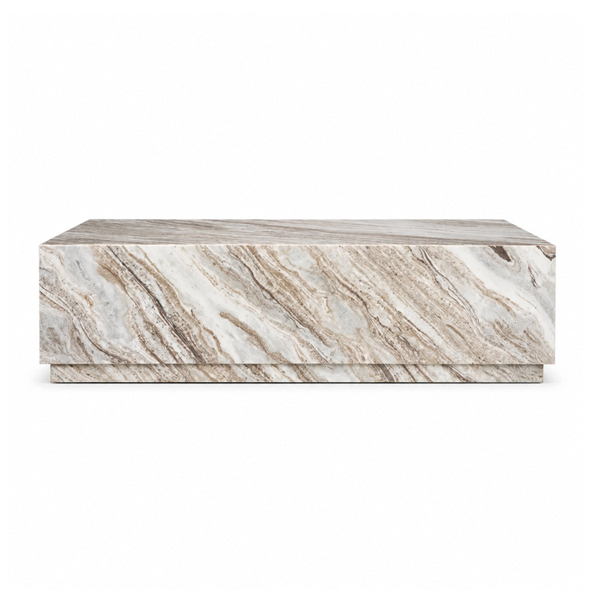 Front view of the Matteo rectangular coffee table showcasing natural pink and grey marble veining in a solid plinth design