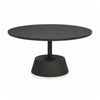 Front view of the Maxwell round coffee table featuring a dark charcoal grey wood finish and a thick pedestal base