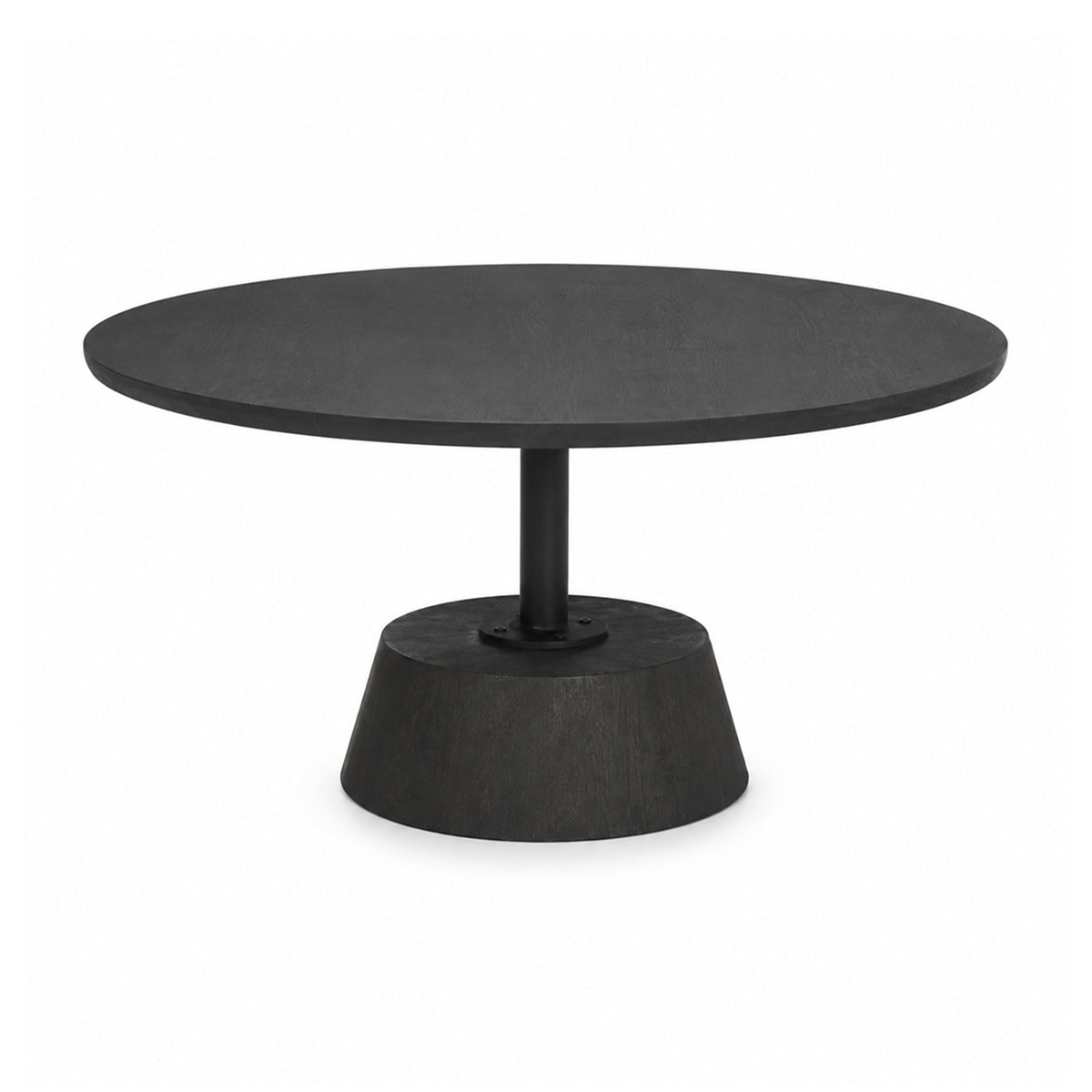 Front view of the Maxwell round coffee table featuring a dark charcoal grey wood finish and a thick pedestal base