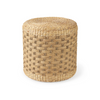 Front three-quarter view of the Michelle round pouf featuring a decorative checkered woven seagrass design in light brown