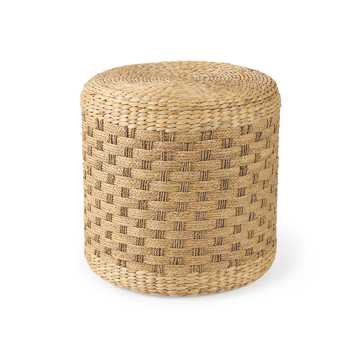 Front three-quarter view of the Michelle round pouf featuring a decorative checkered woven seagrass design in light brown