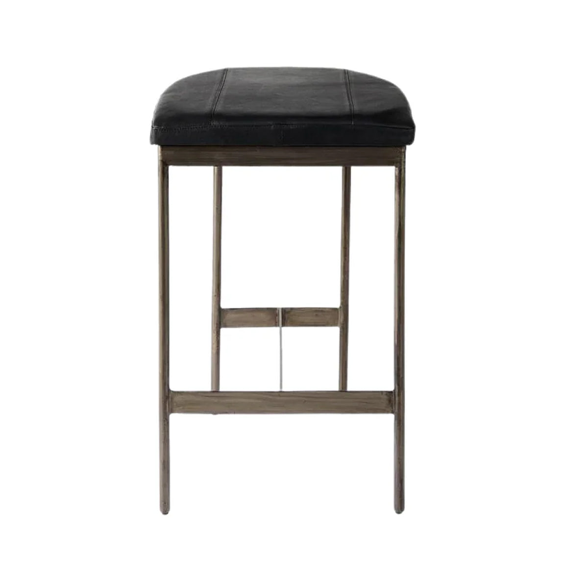 A single counter stool with a black cushioned seat and a weathered brown metal frame, shown against a plain white background.