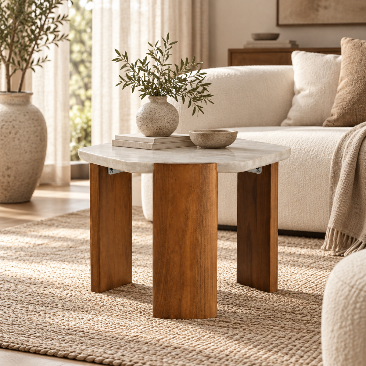 Mika Sculptured Travertine & Oak Side Table-thumbmail-2