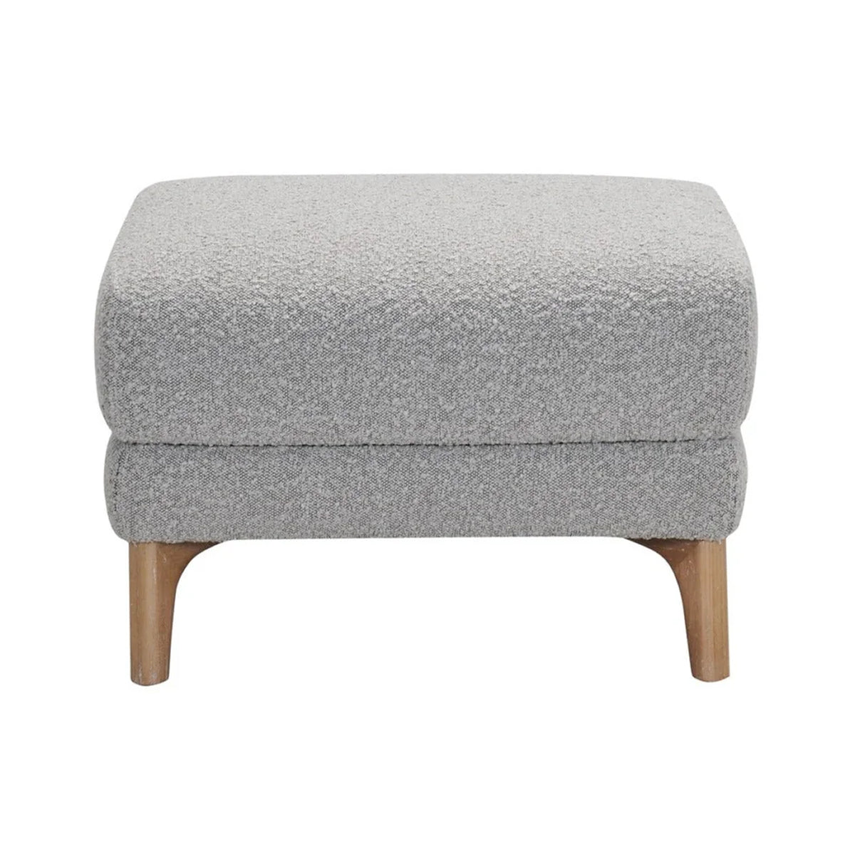 Front view of the Molly ottoman in grey bouclé featuring a tiered double-cushion design and flared natural wood legs