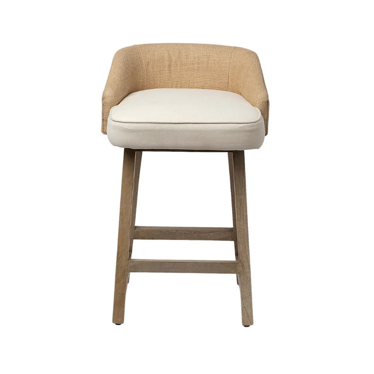 A modern barstool with a curved backrest upholstered in textured tan fabric, a cream-colored seat cushion, and a light brown wooden frame with a footrest.
