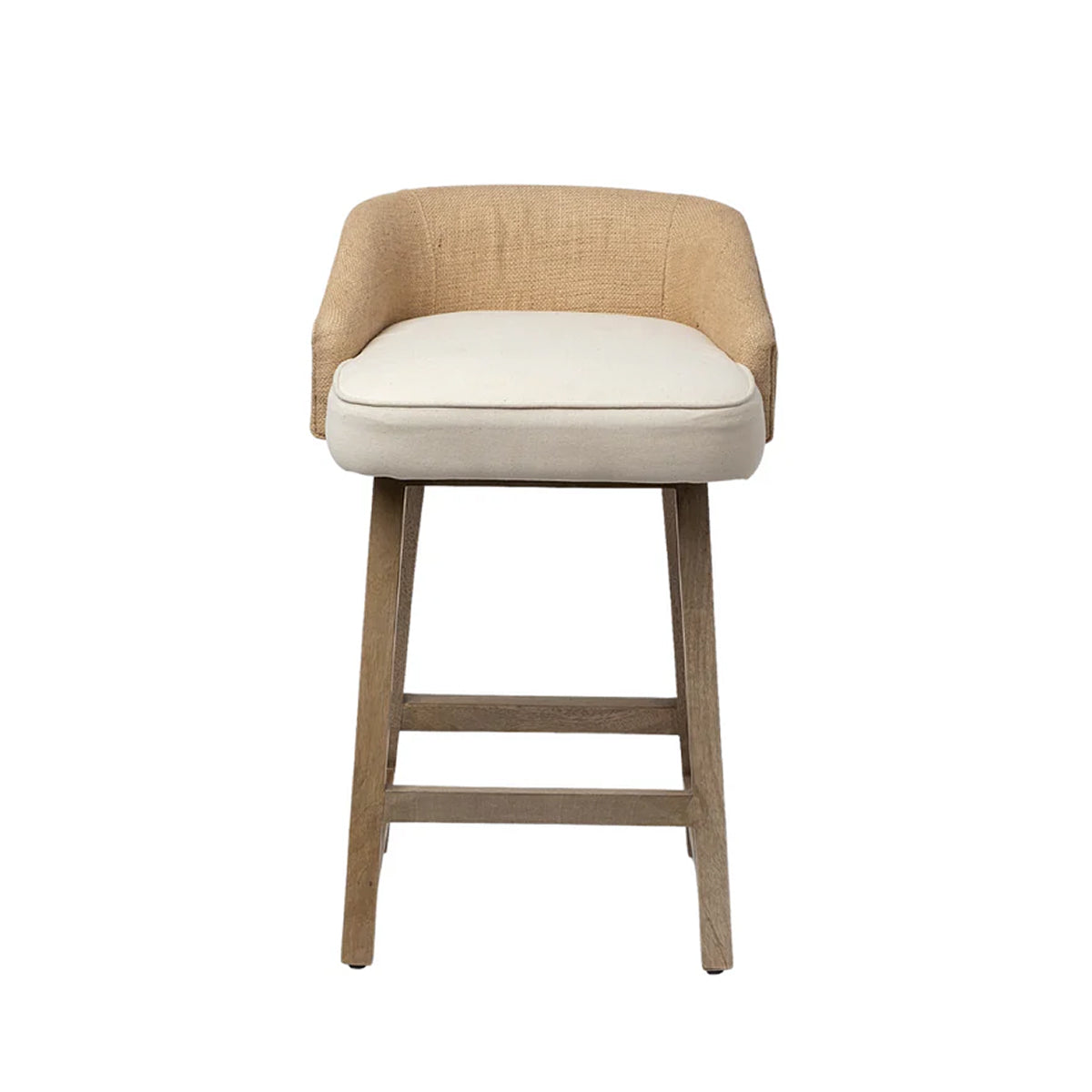 A modern counter stool with a curved backrest upholstered in textured beige fabric, a cream-colored seat cushion, and a light brown wooden frame with a footrest.