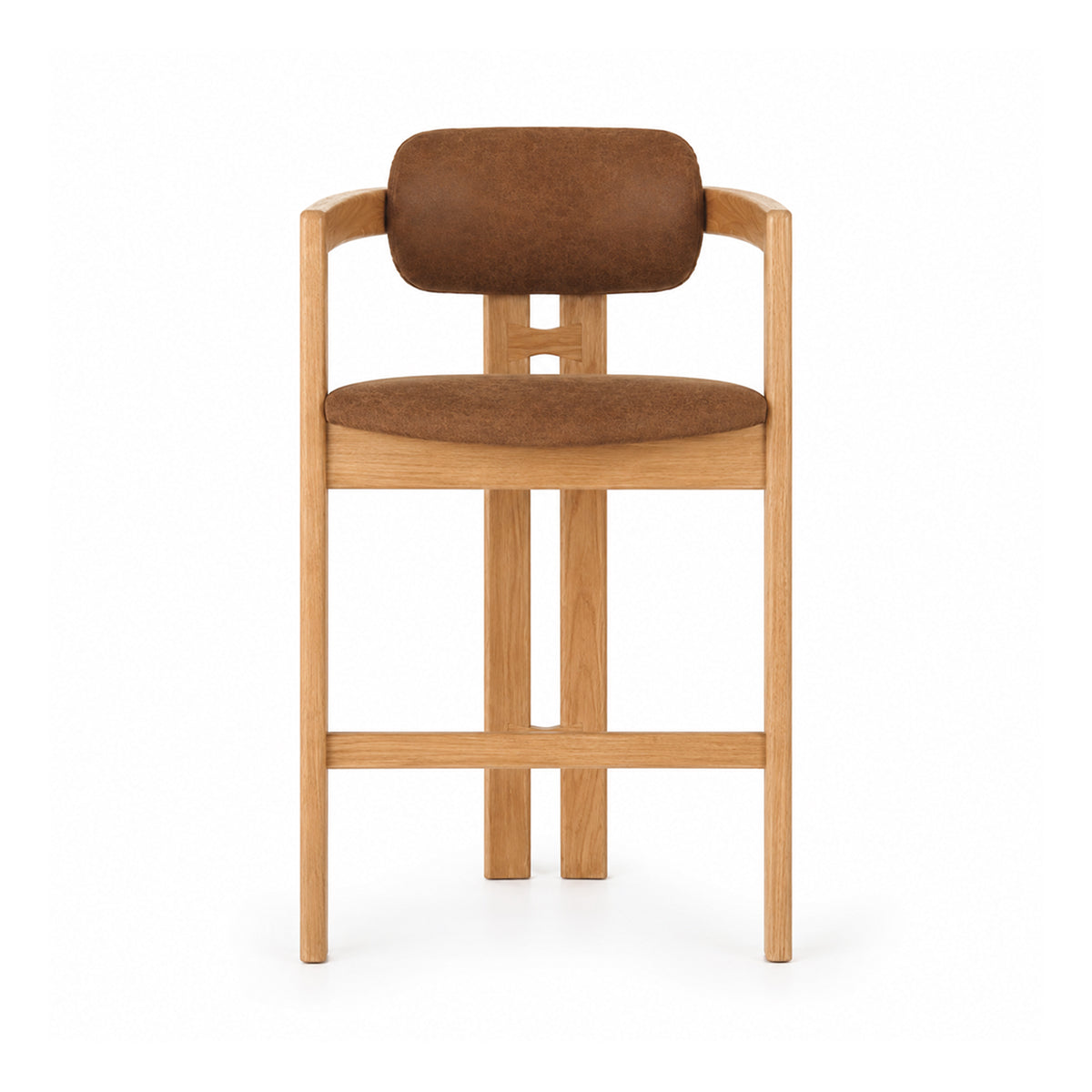 A modern wooden barstool with a light oak frame, brown upholstered seat cushion, and a matching curved brown backrest cushion, shown against a plain white background.