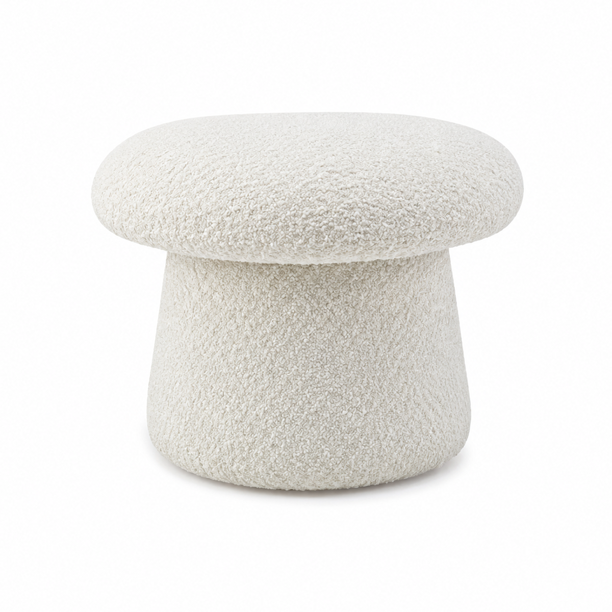 Straight-on front perspective showcasing the wide rounded seat and tapered base of the Muuto upholstered stool