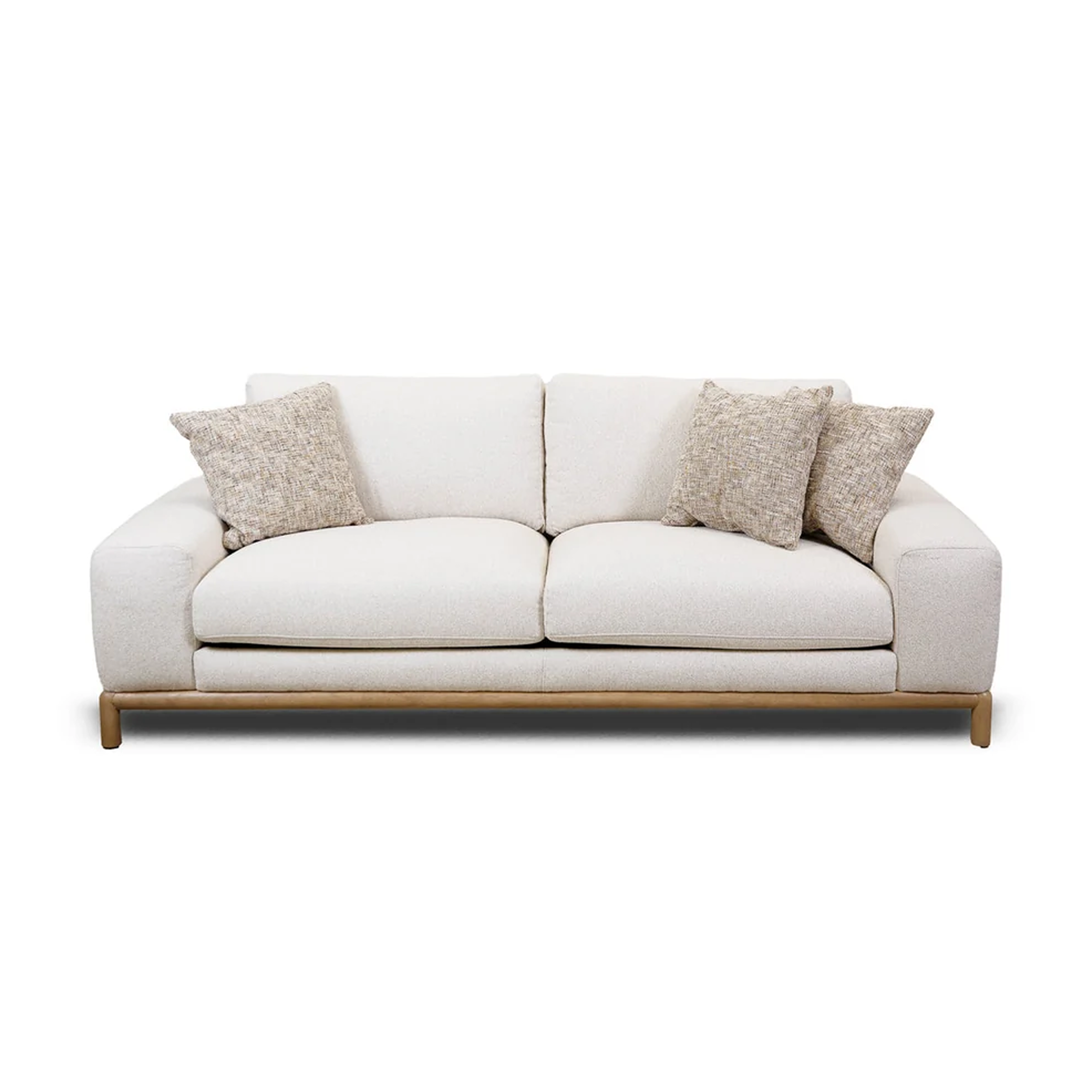 A modern three-seater sofa upholstered in a textured off-white fabric, featuring a light natural wood frame and four textured beige throw pillows, shown against a plain white background.