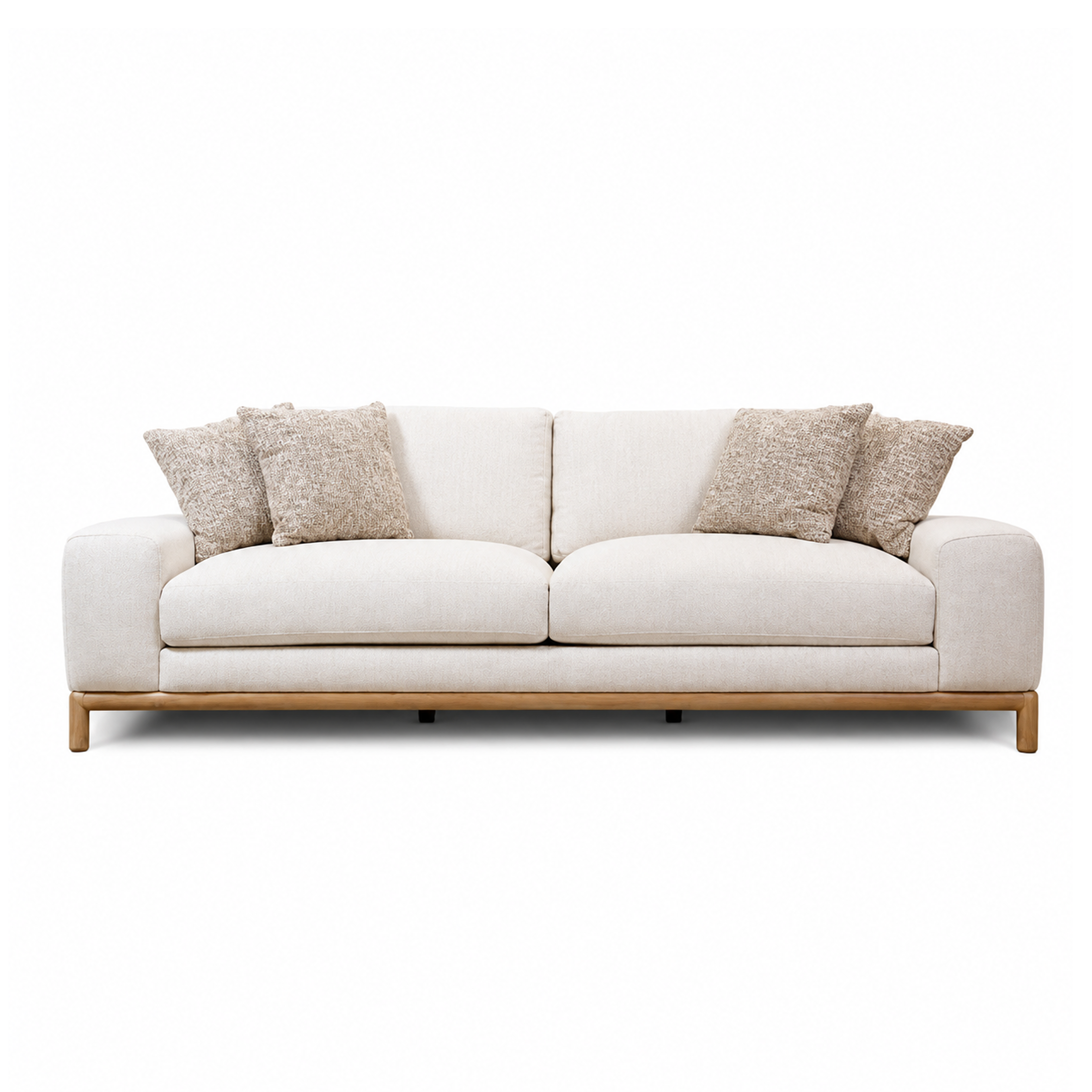 A modern four-seater sofa in off-white textured fabric with a light natural wood frame and four textured beige throw pillows, shown against a plain white background.